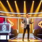An exciting, cinematic illustration of a Deal or No Deal Australia audition scene. A lively contestant stands confidently on stage, delivering a monologue under bright golden spotlights. A glowing briefcase with a dollar sign is displayed beside them, symbolizing high stakes. The background features a dramatic game show set with bold Australian-themed colors (gold, red, and navy blue) and an energetic audience silhouette. The overall vibe should be dynamic, inspiring, and fun — capturing the thrill of auditions, personality, and charisma.