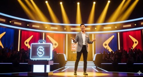 An exciting, cinematic illustration of a Deal or No Deal Australia audition scene. A lively contestant stands confidently on stage, delivering a monologue under bright golden spotlights. A glowing briefcase with a dollar sign is displayed beside them, symbolizing high stakes. The background features a dramatic game show set with bold Australian-themed colors (gold, red, and navy blue) and an energetic audience silhouette. The overall vibe should be dynamic, inspiring, and fun — capturing the thrill of auditions, personality, and charisma.