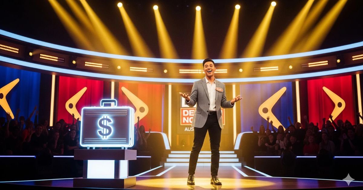 An exciting, cinematic illustration of a Deal or No Deal Australia audition scene. A lively contestant stands confidently on stage, delivering a monologue under bright golden spotlights. A glowing briefcase with a dollar sign is displayed beside them, symbolizing high stakes. The background features a dramatic game show set with bold Australian-themed colors (gold, red, and navy blue) and an energetic audience silhouette. The overall vibe should be dynamic, inspiring, and fun — capturing the thrill of auditions, personality, and charisma.