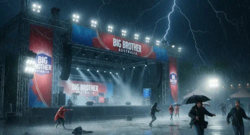 Dramatic wide shot of a large, half-built Big Brother Australia outdoor stage at night, drenched by heavy rain during a thunderstorm. Bright stage spotlights reflect off the wet ground. Lightning strikes the dark sky above. Several audience members in ponchos are visible, running away from the stage for shelter. The text overlay reads: "Big Brother Australia 2025 Premiere Chaos".