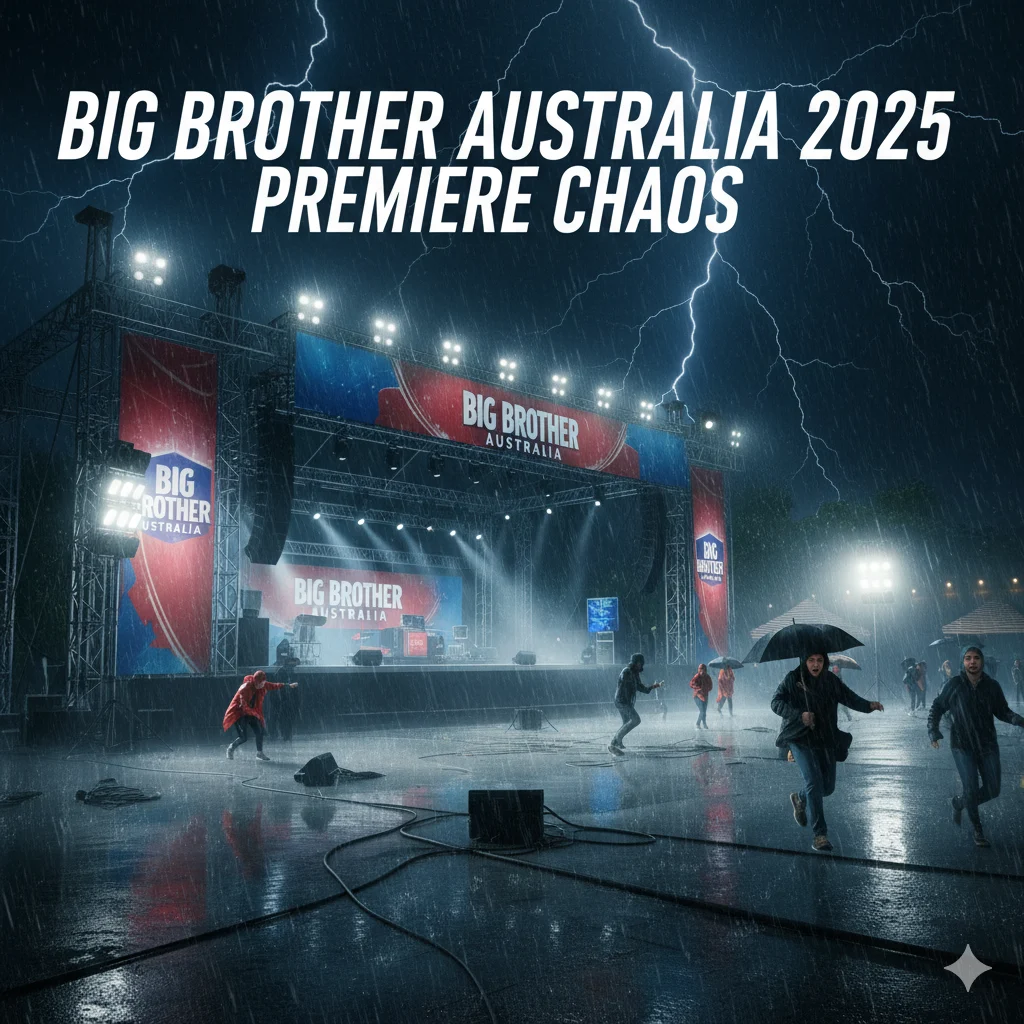 Dramatic wide shot of a large, half-built Big Brother Australia outdoor stage at night, drenched by heavy rain during a thunderstorm. Bright stage spotlights reflect off the wet ground. Lightning strikes the dark sky above. Several audience members in ponchos are visible, running away from the stage for shelter. The text overlay reads: "Big Brother Australia 2025 Premiere Chaos".
