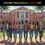 Vibrant illustration of a diverse group of modern, stylish college students walking confidently on the Hillman College campus on a sunny day. Iconic red-brick buildings are visible in the background with "Hillman College" banners. The style is bright and youthful, blending 90s nostalgia with a contemporary Netflix look, suggesting an A Different World reboot.