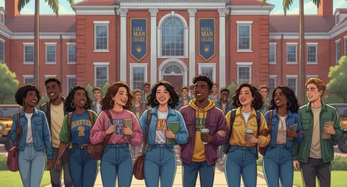 Vibrant illustration of a diverse group of modern, stylish college students walking confidently on the Hillman College campus on a sunny day. Iconic red-brick buildings are visible in the background with "Hillman College" banners. The style is bright and youthful, blending 90s nostalgia with a contemporary Netflix look, suggesting an A Different World reboot.