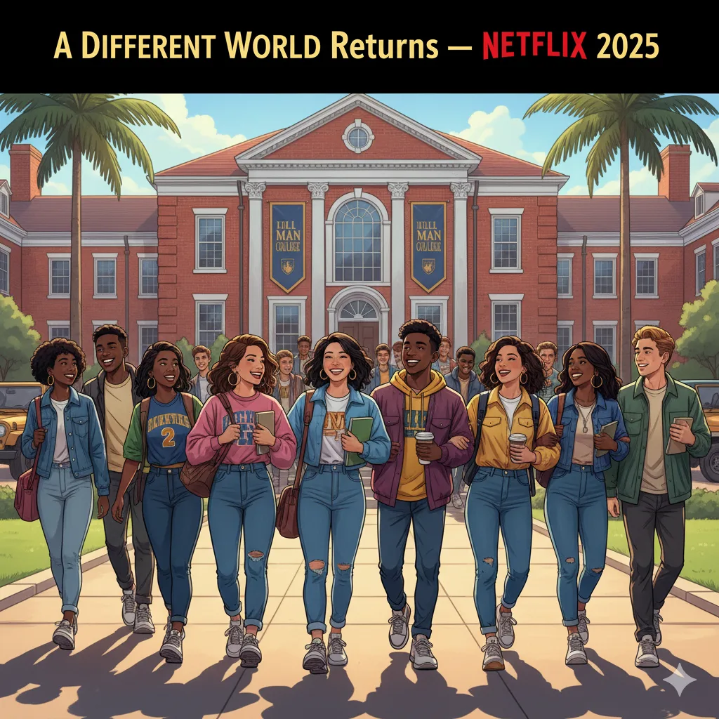 Vibrant illustration of a diverse group of modern, stylish college students walking confidently on the Hillman College campus on a sunny day. Iconic red-brick buildings are visible in the background with "Hillman College" banners. The style is bright and youthful, blending 90s nostalgia with a contemporary Netflix look, suggesting an A Different World reboot.