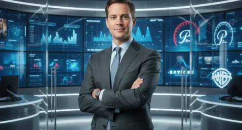 Editorial photo of David Ellison (Skydance CEO) in a modern, blue-and-silver lit office. He is wearing a suit and looking forward confidently. Subtle background visuals include abstract corporate logos and streaming screens, representing a Hollywood media merger.