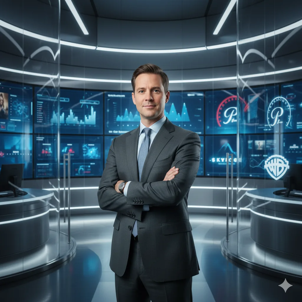 Editorial photo of David Ellison (Skydance CEO) in a modern, blue-and-silver lit office. He is wearing a suit and looking forward confidently. Subtle background visuals include abstract corporate logos and streaming screens, representing a Hollywood media merger.