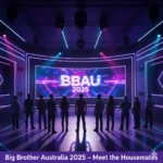 BBAU 2025 promotional image showing diverse contestants entering the Big Brother Australia house under glowing lights.