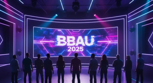 BBAU 2025 promotional image showing diverse contestants entering the Big Brother Australia house under glowing lights.