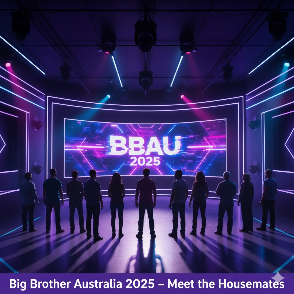 BBAU 2025 promotional image showing diverse contestants entering the Big Brother Australia house under glowing lights.