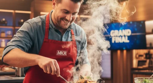 Justin, smiling MKR 2025 Grand Finalist dad from NSW, preparing Ouma’s Seafood Hotpot in a bright MKR studio kitchen, symbolizing his journey to the November 16 Grand Final.