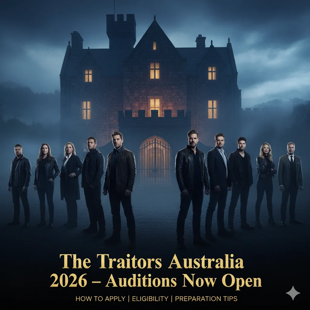 The Traitors Australia 2026 auditions promotional banner showing mysterious castle, fog, and contestants silhouettes with gold title text announcing how to apply and eligibility details.