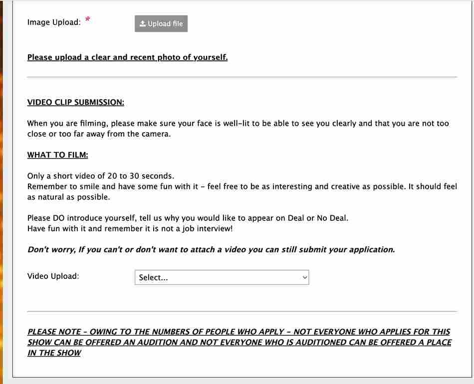 Application form for Deal or No Deal Audition season 3